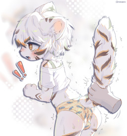 4_fingers ambiguous_gender anthro biped blush blush_lines bodily_fluids brown_nose brown_stripes bulge butt clothed clothed_anthro clothed_male clothing disembodied_hand duo exclamation_point facial_markings fangs fingers glistening glistening_butt glistening_eyes head_markings kemono male male_anthro male_focus markings open_mouth orange_eyes pantsless pantsless_anthro pantsless_male pattern_clothing pattern_underwear print_clothing print_underwear pupils saliva saliva_string shaking shirt shoulderless_shirt simple_background small_nose solo_focus star_pupils striped_legs striped_markings striped_tail stripes sweat tail tail_grab tail_markings tears teeth text topwear tremble_spikes trembling underwear unusual_pupils white_clothing white_shirt white_tail white_topwear young young_anthro young_male angrygentoo ambiguous_species mammal 2025 artist_name digital_media_(artwork) hi_res