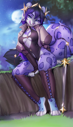 5_fingers anthro blue_eyes breasts claws clothed clothed_anthro clothed_female clothing detailed_background female finger_claws fingers fur hair highleg leotard looking_at_viewer markings melee_weapon navel_line outside plant purple_body purple_fur purple_hair purple_tail sitting sky smile solo spots spotted_body spotted_fur spotted_markings spotted_tail sword tail tail_markings toony tree weapon shermugi felid mammal pantherine snow_leopard 2025 absurd_res detailed digital_media_(artwork) hi_res