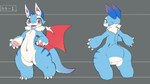 ambiguous_gender anthro blue_body blue_fur butt_wings claws countershading dorsal_fin fin fur inner_ear_fluff looking_at_viewer looking_back multicolored_body multicolored_fur pawpads pink_pawpads red_eyes semi-anthro sharp_teeth smile solo tail teeth thick_thighs tuft two_tone_body two_tone_fur unusual_wing_placement white_body white_fur wide_hips wings razy anthromate mythology fino_(anthromate) bat dragon fish hybrid mammal marine mythological_creature mythological_scalie scalie shark 16:9 hi_res model_sheet official_art sketch widescreen female_(lore)