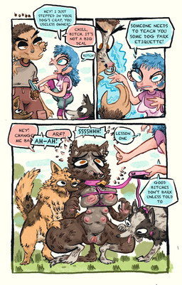 6_breasts anthro bdsm blue_hair breast_growth breasts collar crouching dark_body dark_fur dominant dominant_female facial_piercing female feral forced forced_transformation fur gender_transformation genitals group growth hair human_to_anthro humiliation leash male mtf_transformation multi_breast nipple_dip nipples nose_piercing nose_ring nude petplay piercing profanity ring_piercing roleplay species_transformation spread_legs spreading submissive submissive_anthro text tongue tongue_out transformation transformation_sequence transformation_through_magic vulva bubbalossom canid canine canis domestic_dog human mammal absurd_res comic english_text hi_res