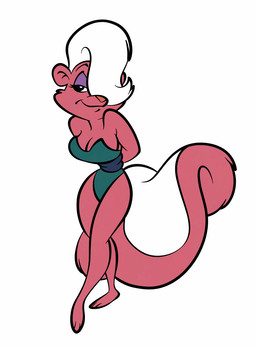 anthro breasts cleavage clothed clothing eyeshadow female fur hair jumpsuit makeup markings one_eye_obstructed pink_body pink_fur purple_eyeshadow solo striped_markings striped_tail stripes tail tail_markings white_hair stanmort tiny_toon_adventures warner_brothers bimbette mammal mephitid skunk hi_res