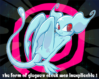 abstract_background ambiguous_gender black_background blue_body blue_skin blush butt caption glitter looking_at_viewer not_furry nude pupils red_eyes ringed_eyes simple_background solo sparkles sparkling_eyes spiral spiral_background star star_font tail unusual_pupils y2k_(graphic_design) morphine_(artist) earthbound_(series) nintendo giygas alien 2009