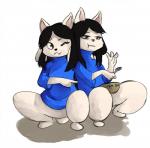 4_fingers anthro black_hair bottomless bowl brown_eyes clothed clothing container crouching cutlery duo eating feet female fingers food fur grey_body grey_fur hair holding_object kitchen_utensils male male/female shirt simple_background spoon toes tools topwear white_body white_fur oniriceakaichi undertale undertale_(series) bob_(undertale) temmie_(undertale) canid canine canis domestic_cat domestic_dog felid feline felis hybrid mammal tem digital_media_(artwork) unavailable_at_source