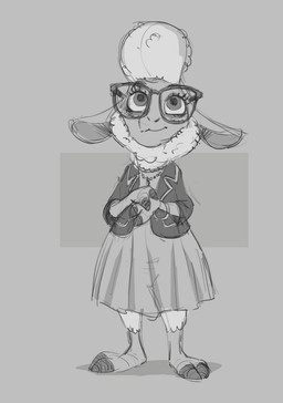 2_toes anthro barefoot big_eyes blazer bottomwear cat_smile clothing dress eyelashes eyewear feet female fingers floppy_ears fur glasses head_tuft hooved_fingers hooved_plantigrade hooved_toes hooves jewelry looking_up necklace plantigrade simple_background skirt solo toes tuft wearing_glasses wool_(fur) ruffu disney zootopia dawn_bellwether bovid caprine mammal sheep digital_drawing_(artwork) digital_media_(artwork) hi_res sketch