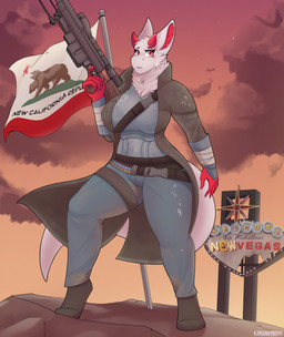 afternoon anthro armor big_breasts breasts clothed clothing detailed_background female flag gun holding_gun holding_object holding_ranged_weapon holding_weapon horn multicolored_body ncr_flag_(fallout) new_california_republic new_vegas nipples outside ranged_weapon sky solo tail weapon lykan284 fallout microsoft mythology dragon mythological_creature mythological_scalie scalie digital_media_(artwork) hi_res