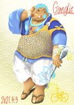 anthro blue_hair brown_body brown_fur buddhist_priest_outfit clothed clothing eyes_closed feet flip_flops footwear fur hair kemono male overweight overweight_anthro overweight_male sandals shoes solo satoshijoga1 lifewonders tokyo_afterschool_summoners ganglie_(tas) mammal suid suina sus_(pig) wild_boar 2021 hi_res