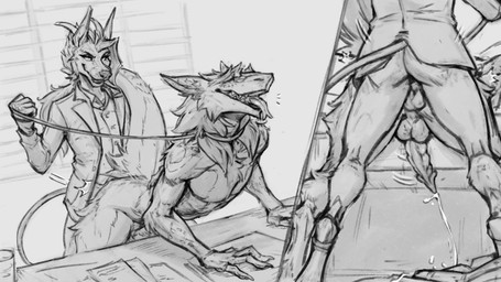 anal anal_orgasm anthro bodily_fluids bottomless clothed clothing cum duo ejaculation from_behind_position genital_fluids genitals hands-free inside knot knotted_penis leash leash_pull male male/male nude office orgasm orgasm_face partially_clothed penis sergal_penis sex suit_jacket nawka mythology bolverk jackel_(hacksource553) canid canid_demon canine demon hellhound mammal mythological_canine mythological_creature sergal 16:9 digital_drawing_(artwork) digital_media_(artwork) monochrome sketch widescreen
