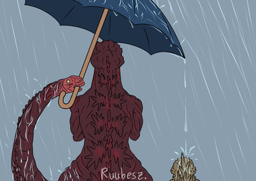 duo feral holding_object holding_umbrella male open_mouth prehensile_tail raining scales simple_background size_difference spikes spikes_(anatomy) spines tail umbrella unusual_anatomy unusual_tail wet ruubeszdraws godzilla_(series) toho godzilla shin_godzilla kaiju reptile scalie hi_res