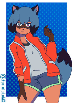 anthro blue_hair bottomwear brown_body brown_fur clothing facial_markings female fingers fur hair head_markings leg_markings markings mask_(marking) multicolored_body multicolored_fur multicolored_hair navel shorts simple_background socks_(marking) solo efradraws brand_new_animal studio_trigger michiru_kagemori canid canine mammal raccoon_dog tanuki 2025 absurd_res digital_drawing_(artwork) digital_media_(artwork) hi_res