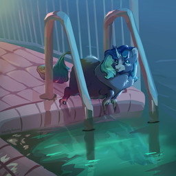 1_horn ambiguous_feral ambiguous_gender blue_body blue_eyes blue_fur blue_hair blue_lighting feral fur green_tail green_water hair horn light looking_up neck_tuft open_mouth poolside solo swimming_pool tail tuft unhealthyobsession fluffy_pony fluffy_pony_(species) mammal seafluff 1:1 2026 digital_media_(artwork) hi_res lighting shaded