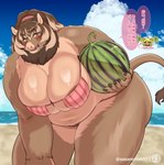 anthro areola areola_slip beach bent_over big_breasts bikini blush breasts brown_body brown_fur clothing cloud day eye_patch_bikini female food fruit fur glistening glistening_body holding_food holding_fruit holding_melon holding_object holding_watermelon huge_breasts looking_at_viewer melon navel neck_tuft obese open_mouth overweight overweight_female pattern_bikini pattern_clothing pattern_swimwear pink_bikini pink_clothing pink_swimwear plant sea sky solo striped_bikini striped_clothing striped_swimwear stripes swimwear tail text thick_thighs tuft two-piece_swimsuit under_boob water watermelon wide_hips sasanoha6011 mammal suid suina sus_(pig) wild_boar absurd_res hi_res japanese_text translation_request