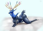 5_fingers all_fours anthro anthrofied bed big_breasts breasts butt female fingers furniture half-closed_eyes looking_at_viewer narrowed_eyes nude on_bed pokemorph simple_background solo testowepiwko nintendo pokemon deer generation_6_pokemon legendary_pokemon mammal pokemon_(species) xerneas hi_res