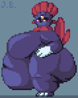 anthro belly belly_overhang big_belly big_breasts big_butt big_navel black_body breasts butt featureless_breasts female forehead_gem gem grey_background hair huge_belly huge_breasts huge_butt looking_at_viewer morbidly_obese morbidly_obese_anthro morbidly_obese_female navel nude obese obese_anthro obese_female overweight overweight_anthro overweight_female pokemorph red_eyes red_hair side_view simple_background solo standing tail thick_thighs jellybru nintendo pokemon generation_4_pokemon mammal pokemon_(species) weavile 2021 digital_media_(artwork) full-length_portrait pixel_(artwork) portrait signature