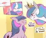 6:5 aroused bedroom_eyes blue_hair blue_tail blush bodily_fluids casual_nudity cold-blooded-twilight comic crown cutie_mark dialogue dominant dominant_female drooling duo english_text equid equine eyes_closed female female/female feral flirting flowing_hair friendship_is_magic fur hair hasbro headgear hi_res horn kissing kissing_head larger_female long_hair mammal multicolored_hair my_little_pony mythological_creature mythological_equine mythology narrowed_eyes nude open_mouth open_smile pink_hair pink_tail princess_celestia_(mlp) purple_body purple_eyes purple_fur purple_hair purple_tail royalty saliva seductive size_difference smaller_female smile submissive submissive_female sweat tail text twilight_sparkle_(mlp) unicorn white_body white_fur