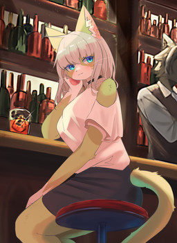 alcohol anthro bar bartender beverage blue_eyes bottomwear clothed clothing detailed_background duo ear_piercing female female_focus male piercing sitting skirt solo tail wine wine_bottle mametunu background_character domestic_cat felid feline felis mammal 2024 absurd_res digital_drawing_(artwork) digital_media_(artwork) hi_res