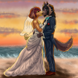 anthro beach black_tie_(suit) breasts brown_body brown_fur brown_hair clothing dress duo eye_contact female flower footwear fur gloves hair handwear horn interspecies kissing looking_at_another male male/female plant rose_(flower) shoes suit sunset wedding wedding_dress wedding_veil heartlessangel3d on_your_tail diana_caproni_(on_your_tail) lexua_(on_your_tail) bovid canid canine caprine goat mammal 1:1 absurd_res hi_res