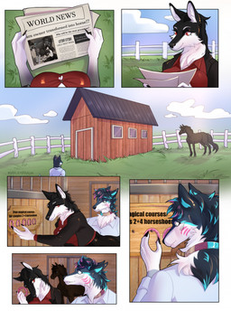anthro barn big_breasts blush breasts claws clothed clothing cloud collar female fence feral fully_clothed grass group horseshoe male newspaper plant smile text trio marleybraun canid canine canis equid equine horse mammal wolf comic english_text hi_res
