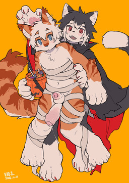 5_fingers anthro biped blue_eyes bodily_fluids candy claws clothing costume countershade_fur countershade_torso countershading dessert duo eyebrows fingers food foreskin fur genital_fluids genitals glans hair halloween_costume holidays humanoid_genitalia humanoid_penis kemono male male/male mummy_costume mummy_wrappings pawpads penis penis_size_difference precum red_eyes striped_body striped_fur stripes tail white_hair milkybot halloween hu_ku_li_(milkybot) mika_(mikanishi) domestic_cat felid feline felis mammal hi_res