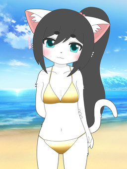 anthro beach bikini breasts cat_tail clothing cute_pose female fur gold_bikini green_eyes hair ponytail smile solo swimwear two-piece_swimsuit white_body white_fur young young_anthro kawaiirosiechan golden_week domestic_cat felid feline felis mammal 3:4 absurd_res hi_res