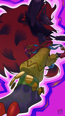 accessory ambiguous_gender anthro belly_dancer_outfit big_hair black_body black_fur blue_eyes bottomwear claws clothed clothing dancing feet foot_focus fur grey_body grey_fur hair holowear_(pokemon) looking_at_viewer looking_down looking_down_at_viewer low-angle_view narrowed_eyes pants perspective_shot pink_background raised_arm red_claws red_hair simple_background small_waist solo toe_claws topless white_sclera yellow_bottomwear yellow_clothing yellow_pants mazinger_yy nintendo pokemon pokemon_unite dancer_style_zoroark generation_5_pokemon pokemon_(species) zoroark 2025 9:16 hi_res