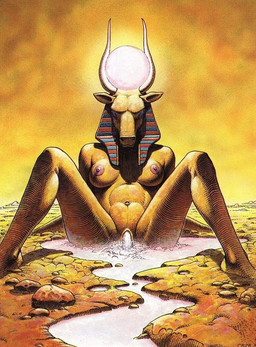 anthro biped breasts egyptian female female_anthro headgear headgear_only horn macro macro_anthro macro_female nipples simple_background sitting solo sun philippe_caza egyptian_mythology middle_eastern_mythology mythology hathor bovid bovine cattle deity mammal 1983 colored