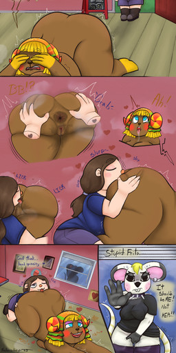 4_fingers ahegao anal anthro anus areola big_breasts big_butt big_ears black_body black_clothing black_eyes black_fur black_nose black_topwear blonde_hair blue_eyes bodily_fluids bottomwear bottomwear_down breasts brown_anus brown_areola brown_body brown_fur brown_hair brown_nipples brown_nose butt caught_in_the_act caught_masturbating clothed clothing collar covering covering_eyes covering_face cross-popping_vein dialogue dipstick_ears disembodied_hand ear_markings ear_piercing embarrassed eyeshadow female female/female fingering fingering_self fingers freckled_face freckles fur genital_fluids genitals gloves_(marking) group hair head_tuft huge_butt looking_pleasured makeup markings masturbation multicolored_ears navel nipples nude open_mouth open_smile oral overweight overweight_anthro overweight_female pants pants_down partially_clothed piercing pink_eyeshadow purple_bottomwear purple_clothing purple_pants rimming rosy_cheeks sex short_hair smile speech_bubble spiked_collar spikes spread_butt spreading tan_body tan_skin tears text thick_thighs topwear trio tuft vaginal_fluid_string vaginal_fluids voyeur vulva white_body white_fur wide_hips yellow_body yellow_fur nocheeseburger animal_crossing nintendo bb_(nocheeseburger) bella_(animal_crossing) frita_(animal_crossing) bovid caprine human mammal mouse murid murine rodent sheep absurd_res comic digital_media_(artwork) english_text hi_res