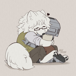 anthro cathode_ray_tube clothed clothing duo eyes_closed eyewear female fingers fluffy fluffy_tail for_a_head fur glasses hair heart_symbol hug hugging_another husband_and_wife kneeling machine male married_couple pawpads paws robophilia romantic romantic_couple screen screen_face simple_background sitting tail white_body white_fur white_hair auveiss matthew_graceford_(auveiss) melissa_graceford_(auveiss) canid canine humanoid mammal object_head robot screen_head 1:1 2026