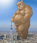 anthro balls belly blush brown_body brown_fur buried_penis city foreskin fur genitals humanoid_genitalia humanoid_hands humanoid_penis kemono long_foreskin macro male micropenis moobs navel nipples outside overweight overweight_male penis real small_penis solo tokyo tokyo_skytree dekatanu bear mammal 2021