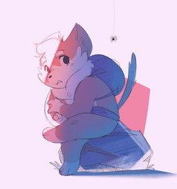 ambiguous_gender anthro backpack biped duo feral fur hair multicolored_body multicolored_fur paws raised_tail scared short_hair sitting tail itsdanfango luke_(littleforestna) arachnid arthropod canid canine mammal spider 2019 hi_res