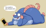 anthro big_butt blue_body butt eyewear glasses lying male overweight overweight_male simple_background solo text colossalstars nintendo nintendo_switch the_human_heart_(game) dylan_ramos eulipotyphlan mammal mole_(animal) 2023 absurd_res english_text hi_res