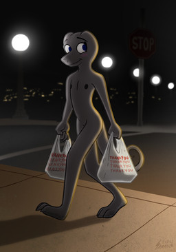 3_toes 4_fingers anthro areola bag blue_eyes breasts casual_nudity convenient_censorship curled_tail detailed_background dirty dirty_feet feet female fingers grey_body handbag loli night nipples no_irises non-mammal_breasts non-mammal_nipples nude nude_anthro nude_female outdoor_nudity outside plantigrade plastic_bag public public_nudity road shadow sidewalk sky small_breasts smile solo stop_sign street_lamp tail text toes walking white_sclera young young_anthro young_female samareck lori_chavez blue_tree_monitor lizard monitor_lizard reptile scalie 2023 absurd_res dated digital_media_(artwork) english_text hi_res signature