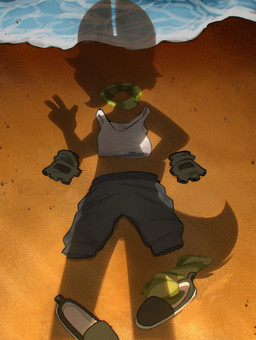 anthro beach bottomwear clothing discarded_clothing female fingerless_gloves footwear gesture gloves hand_gesture handwear kerchief shadow shirt shoes shorts socks solo tank_top topwear v_sign wave rexyseven dressed_shadow rusty_gears canid canine fennec_fox fox mammal true_fox 2026 digital_media_(artwork) hi_res