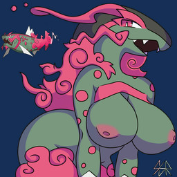 anthro anthrofied areola bent_over big_breasts black_body breasts female female_anthro front_view green_body green_breasts looking_at_viewer mismatched_sexual_dimorphism multicolored_body nipples nude nude_anthro nude_female open_mouth pink_areola pink_body pink_eyes pink_nipples pink_spots pokemorph pupils simple_background slit_pupils solo spots teeth white_body white_pupils safersophieroth nintendo pokemon basculegion basculegion_(male_form) generation_8_pokemon pokemon_(species) 1:1 2025 absurd_res alpha_channel digital_media_(artwork) hi_res watermark