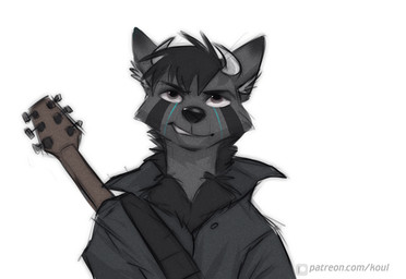 anthro black_hair black_nose electric_guitar guitar hair male musical_instrument plucked_string_instrument simple_background solo string_instrument white_background koul canid canine mammal 2021 digital_media_(artwork)