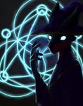 black_background clothing fantasy glowing glowing_eyes hat headgear headwear looking_at_viewer magic magic_circle magic_user raised_hand simple_background wizard_hat hyginx canid canine canis mammal wolf digital_media_(artwork) digital_painting_(artwork) hi_res