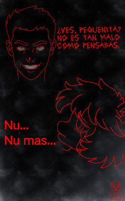 ambiguous_form ambiguous_gender black_background bodily_fluids crying dialogue disembodied_head duo hair horror_(theme) looking_at_viewer male male_human red_line_art red_text simple_background smile tears teeth text sorrystickpro fluffy_pony fluffy_pony_(species) human mammal 2026 5:8 absurd_res colored_line_art digital_media_(artwork) hi_res spanish_text