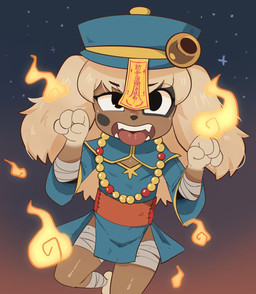 anthro bell_accessory biped black_eyes black_markings black_nose blonde_hair brown_body brown_fur clothed clothing eyebrows female floppy_ears fluffy_ears front_view fur gloves_(marking) hair hat headgear headwear jiangshi_costume looking_at_viewer lop_ears markings on_one_leg open_mouth patch_(marking) solo standing teeth tongue tongue_out white_markings young young_anthro young_female hua113 ankama dofus lilotte canid mammal ouginak 2025 hi_res