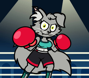 anthro black_bottomwear black_clothing black_shorts blue_clothing boots bottomwear boxing boxing_gloves boxing_shorts breasts clothed clothed_anthro clothed_female clothing fangs female fighting_ring fluffy fluffy_tail footwear fully_clothed fully_clothed_anthro fully_clothed_female fur grey_body grey_fur grey_hair grey_inner_ear_fluff grey_tail hair handwear inner_ear_fluff long_tail looking_at_viewer navel shirt shoes shorts solo sport tail tank_top teeth topwear tuft whiskers yellow_eyes captainquack64 greycie_(captainquack64) domestic_cat felid feline felis mammal 2023