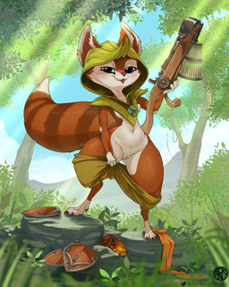 anthro arbalist bottomwear bottomwear_down breasts clothed clothing crossbow detailed_background female forest fur genitals holding_object holding_weapon outside pants pants_down partially_clothed plant ranged_weapon semi-anthro solo tree vulva weapon kokoni dota valve valve_corporation hoodwink_(dota) mammal rodent sciurid tree_squirrel 4:5 digital_media_(artwork) hi_res shaded
