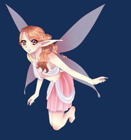 bottomwear breasts clothing female flying hair looking_at_viewer navel pointy_ears skirt solo wings yumemin fairy humanoid