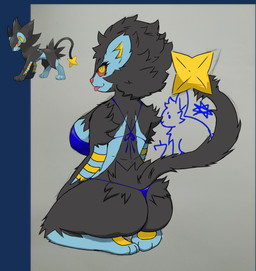 anthro anthrofied bikini black_body black_fur blue_bikini blue_clothing blue_swimwear clothing female fur kneeling rear_view solo swimwear tongue tongue_out two-piece_swimsuit flareonpeeking nintendo pokemon generation_4_pokemon luxray pokemon_(species) alpha_channel hi_res