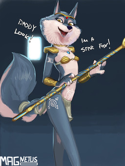 anthro bottomwear bra breasts clothed clothing cosplay dialogue female fingers fur holding_object holding_staff loincloth looking_at_viewer markings open_mouth simple_background small_breasts smile solo staff standing tail teeth text tribal tribal_markings underwear womb_tattoo yellow_eyes magnetus illumination_entertainment nintendo sing_(movie) star_fox krystal_(star_fox) porsha_crystal canid canine canis mammal wolf 2025 3:4 digital_media_(artwork) english_text hi_res