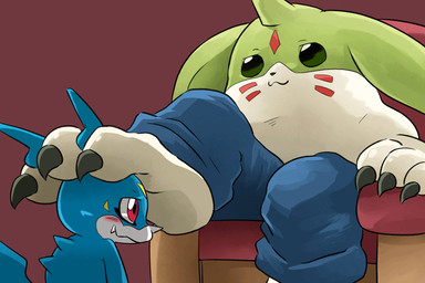 anthro blue_body blush bottomwear claws clothing denim denim_bottomwear denim_clothing duo feet foot_fetish jeans long_ears male male/male pants toe_claws get_it_go bandai_namco digimon digimon_(species) gargomon veemon 3:2 animated animated_gif hi_res short_playtime