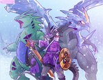 abstract_background aegislash anthro asian_clothing bottomwear clothed clothing dragon east_asian_clothing european_mythology fantomartz feral generation_2_pokemon generation_5_pokemon generation_6_pokemon group hakama hi_res horn japanese_clothing kyurem legendary_pokemon looking_at_viewer looking_away male melee_weapon multi_horn mythological_creature mythological_scalie mythology nintendo pokemon pokemon_(species) scalie shield simple_background snow snowing sword tyranitar weapon western_dragon white_background