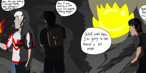 5_fingers backpack black_hair blue_bottomwear blue_clothing blue_jeans blue_pants bottomwear cave claws clothing denim denim_bottomwear denim_clothing dialogue duo exploring eyewear fingers glasses hair jeans male not_furry pants rectangular_glasses speech_bubble text torch transformation white_hair yellow_eyes justinfox human mammal 2013 comic english_text