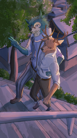 anthro clothed clothing duo fully_clothed fur male male/male smile beastars legoshi_(beastars) louis_(beastars) canid canine canis deer mammal wolf 4k 9:16 absurd_res digital_media_(artwork) hi_res