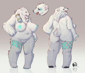 accessory anthro areola belly big_breasts big_butt blue_areola blue_eyes blue_nipples blush braided_hair breasts butt claws cute_fangs fangs female fluffy front_and_back fur fur_markings genitals glowing glowing_markings hair hair_accessory hair_ring huge_breasts inner_ear_fluff markings multiple_angles neck_tuft nipples nude open_mouth open_smile overweight plump_labia simple_background smile solo standing tail tail_tuft teeth thick_thighs tuft vulva white_body white_fur costom10 polar_bear_sister_(sanliuyu) bear mammal polar_bear ursine 2022 absurd_res hi_res model_sheet