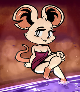 anthro barefoot blush breasts cleavage clothed clothing daww feet female fur notched_ear nude smile solo towel towel_only water wet white_body white_fur baebot mina_the_hollower yacht_club_games mina_(mina_the_hollower) mammal mouse murid murine rodent 2026 hi_res