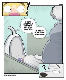 age_difference anthro bathroom belly big_penis blush bodily_fluids dialogue duo facial_hair flaccid fur genital_fluids genitals holding_penis humanoid_genitalia humanoid_penis looking_at_another male male/male older_anthro older_male overweight overweight_anthro overweight_male pecs peeing penis speech_bubble student teacher teacher_and_student text urinal urinal_peeking urine white_body white_fur yellow_body yellow_fur crunchychip mr_arthur_(crunchychip) zach_(crunchychip) bear canid canine canis domestic_dog mammal polar_bear shiba_inu spitz ursine absurd_res comic english_text hi_res