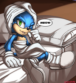 5_fingers anthro bath_towel beckoning bed bed_sheet bedding bedroom bedroom_eyes biped black_nose blue_body blue_fur clothing dialogue fingers footwear fur furniture gesture gloves green_eyes handwear inside looking_at_viewer male narrowed_eyes naughty_face naughty_smile on_bed one_eye_closed open_mouth open_smile pillow seductive shoes sitting sitting_on_bed smile smiling_at_viewer solo speech_bubble text towel towel_on_head white_clothing white_gloves white_handwear white_towel wink winking_at_viewer keishinkae sega sonic_the_hedgehog_(film) sonic_the_hedgehog_(series) sonic_the_hedgehog eulipotyphlan hedgehog mammal 2019 digital_drawing_(artwork) digital_media_(artwork) english_text redraw shaded signature